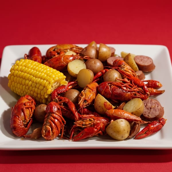 Boiled crawfish, corn on the cob, potatoes, and sausage on a white rectangular plate.