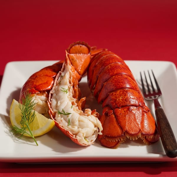 Two cooked lobster tails, one split open, with a lemon wedge and dill on a white plate.