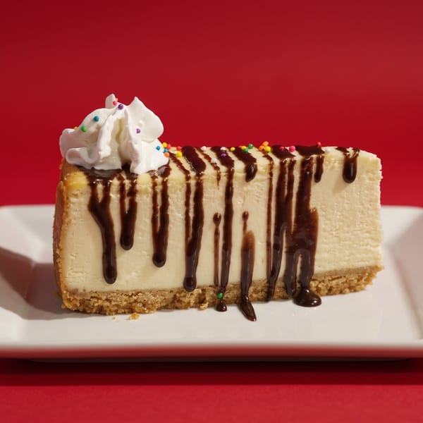 Cheesecake slice with chocolate drizzle, whipped cream, and sprinkles on a white plate.