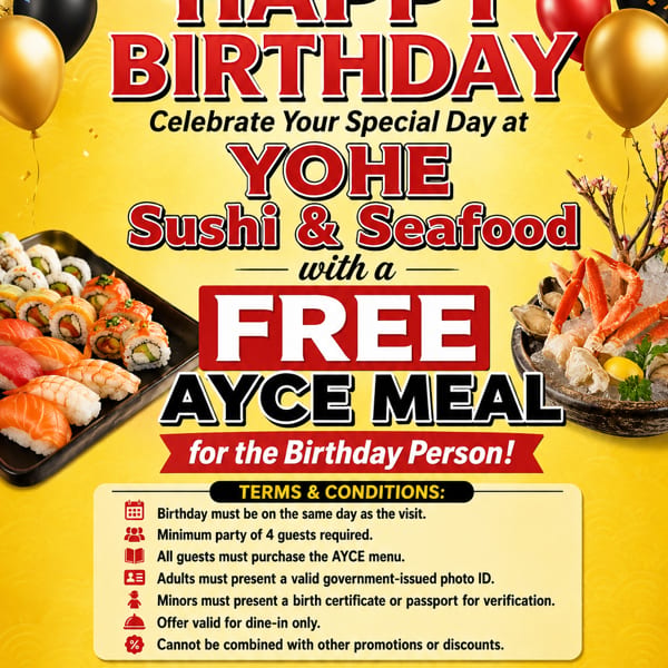Yohe Sushi & Seafood birthday promotion with sushi, seafood, balloons, and confetti.