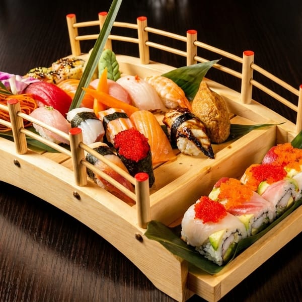 Assorted sushi and sashimi arranged on a wooden boat platter on a dark table.