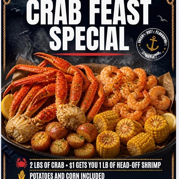 A crab feast special with crab legs, shrimp, potatoes, and corn on the cob.