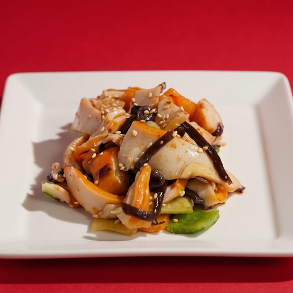 A white rectangular plate holds a colorful squid salad with vegetables and sesame seeds on a red background.