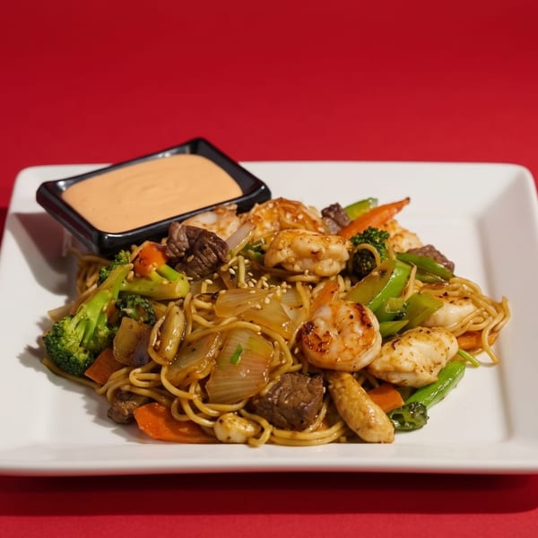 A white rectangular plate holds a stir-fry of noodles, shrimp, beef, and vegetables with a side of sauce.