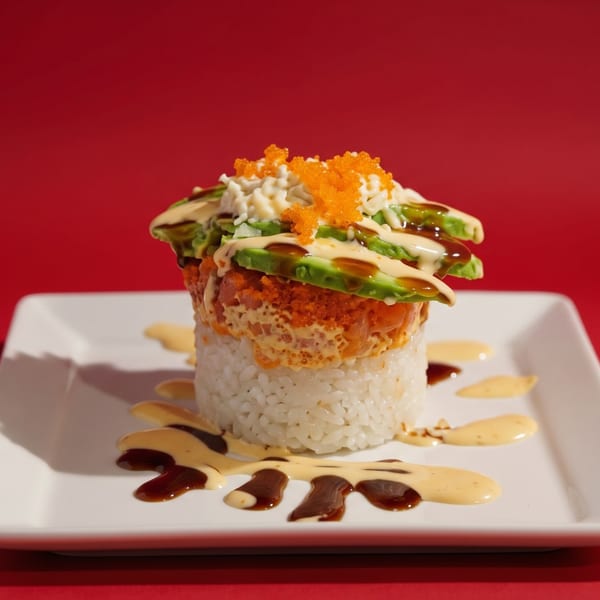 Sushi stack with rice, tuna, avocado, crab, and roe, drizzled with sauces on a white plate.