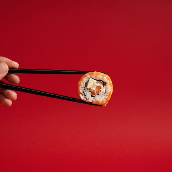 A hand holds a single sushi roll with salmon and cream cheese using black chopsticks against a red background.