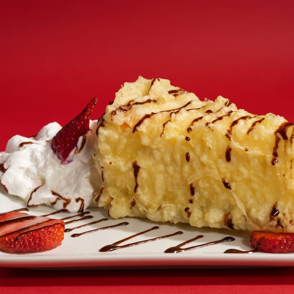 Tempura cheesecake with chocolate drizzle, whipped cream, and fresh strawberries on a white plate.