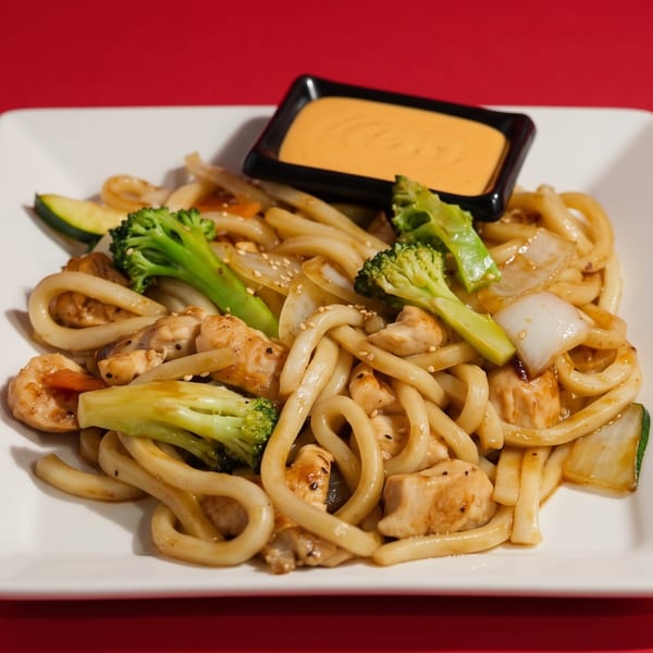Udon noodles with chicken, shrimp, broccoli, zucchini, and onions, served with a side of sauce.