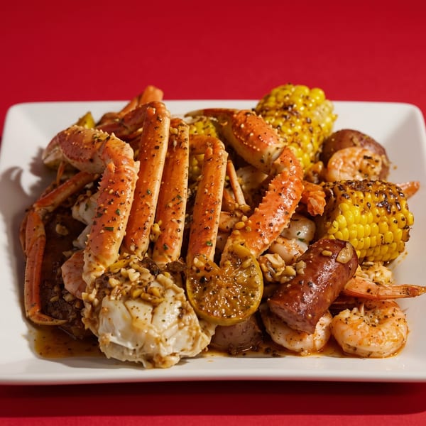 A seafood boil with crab legs, shrimp, corn, sausage, and potatoes on a white plate.