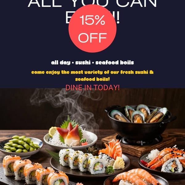 An array of sushi rolls, sashimi, edamame, and a steaming pot of mussels on a wooden table.